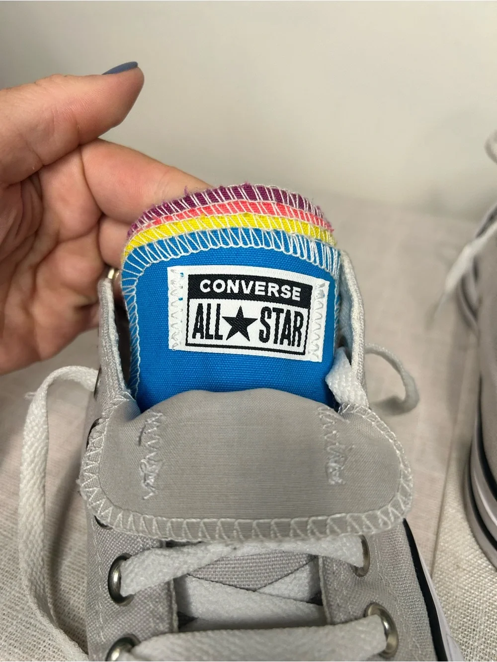 Converse Low Top Sneakers in Light Gray with Rainbow Tongue